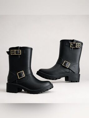 DAV Black Moto Rain Boots Gold Buckle Waterproof Combat Boots 7